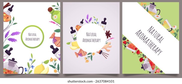 Natural perfumery or aromatherapy products. Vector flat poster designs set. Teapot with flowers and flask with herbal mixture. Floral essence fragrance cosmetic. Spices, fruits and berries ingredients