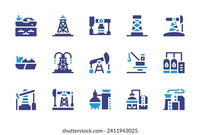 Natural petroleum icon set. Duotone color. Vector illustration. Containing drilling rig, tower, lng, oil derrick, offshore, oil pump, refinery, petroleum, oil refinery, storage tank.