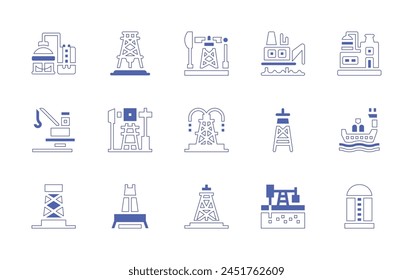 Natural petroleum icon set. Duotone style line stroke and bold. Vector illustration. Containing drilling rig, tower, refinery, oil platform, oil derrick, offshore, boat, oil tower, oil pump, petroleum