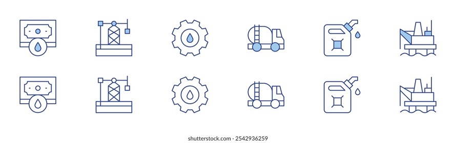 Natural petroleum icon set in two styles, Duotone and Thin Line style. Editable stroke. investment, oil derrick, oil tanker, fuel, oil platform, maintenance.
