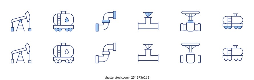 Ícone de petróleo natural definido em dois estilos, Duotone e Thin Line estilo. Curso editável. bomba de óleo, tanque de óleo, válvula, tubulação, caminhão-tanque.