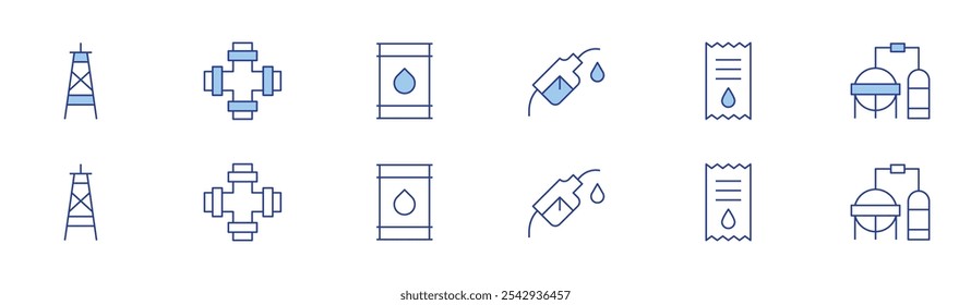 Ícone de petróleo natural definido em dois estilos, Duotone e Thin Line estilo. Curso editável. torre de óleo, bomba de óleo, válvula de óleo, tanque, bilhete, refinaria.