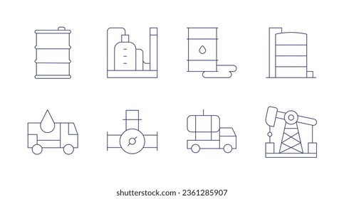 Natural petroleum icons. editable stroke. Containing barrel, factory, oil spill, oil tank, fuel, valve, oil truck, petroleum.