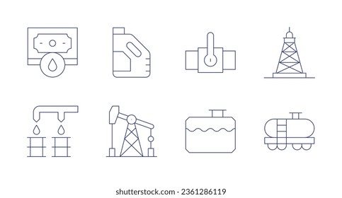 Iconos naturales del petróleo. trazo editable. Con inversión, petróleo, tubería, bombeo, barril de petróleo, derrame de petróleo, tanque, camión cisterna.