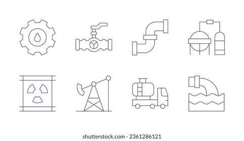 Natural petroleum icons. editable stroke. Containing maintenance, valve, pipe, refinery, oil barrel, oil platform, tank truck, waste.