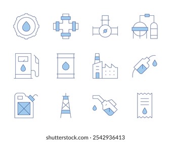 Natural petroleum icons. Line Duotone style, editable stroke. factory, oil tower, oil pump, oil valve, oil, tank, ticket, cog, refinery, valve.