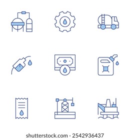 Natural petroleum icons set. Line Duotone style, editable stroke. investment, oil pump, oil derrick, oil tanker, fuel, oil platform, ticket, refinery, maintenance.