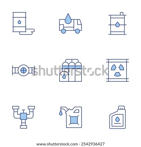 Natural petroleum icons set. Line Duotone style, editable stroke. refinery, bottle, valve, spill, oil tank, fuel, barrel.