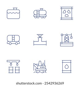 Natural petroleum icons set. Thin Line style, editable stroke. oil barrel, oil derrick, oil platform, tank, tanker truck, valve.