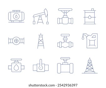 Ícones naturais do petróleo. Estilo de linha fina, curso editável. bomba de óleo, tanque, torre de óleo, válvula, tubo, bombeador, válvula.