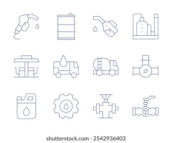 Iconos naturales del petróleo. Estilo de línea delgada, carrera editable. barril, dispensador, fábrica, combustible, gasolinera, mantenimiento, aceite, bomba de aceite, petrolero, tubería, válvula.