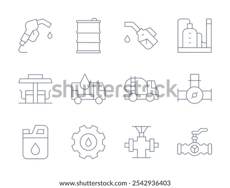 Natural petroleum icons. Thin Line style, editable stroke. barrel, dispenser, factory, fuel, gas station, maintenance, oil, oil pump, oil tanker, pipe, valve.