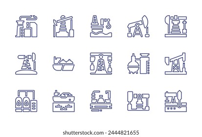 Conjunto de iconos de línea de petróleo natural. Trazo editable. Ilustración vectorial. Contiene gas natural licuado, petróleo, fósil, refinería de petróleo, bomba de aceite, tanque de almacenamiento, petroquímica, minería, toma de bomba, minería de petróleo.