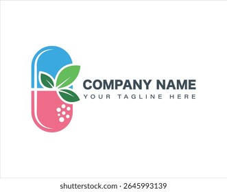 Logotipo de cápsula farmacêutica natural com folhas orgânicas e grânulos