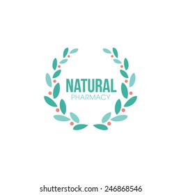 Natural pharmacy logo design vector template. Herbal wreath
