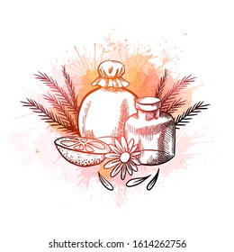Natural pharmacy. Sketch neon illustration of vial, flower, orange, juniper and watercolor splashes. Healthcare and medicine. Engraving vector objects with hatching for label, card and your creativity