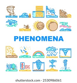 fenômenos naturais eclipse ícones do tsunami definir vetor. aurora furacão, terremoto tornado, relâmpago vulcão, nevasca arco-íris, ciclone fenômenos naturais eclipse tsunami ilustrações de linha de cor