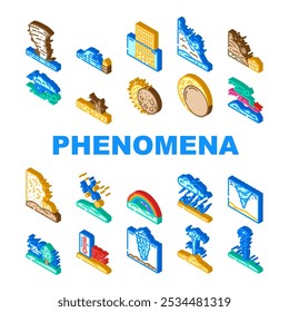 fenômenos naturais eclipse ícones do tsunami definir vetor. aurora furacão, terremoto tornado, relâmpago vulcão, nevasca arco-íris, ciclone fenômenos naturais eclipse tsunami sinal isométrico ilustrações