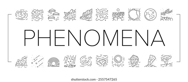 natural phenomena weather sun icons set vector. night day, earth sunshine, rain cloud, climate hot, rainbow cold nature, meteorology natural phenomena weather sun black contour illustrations