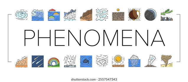 natural phenomena weather sun icons set vector. night day, earth sunshine, rain cloud, climate hot, rainbow cold nature, meteorology natural phenomena weather sun color line illustrations