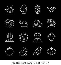 Natural phenomena, white line icons. Terrain, plants, and animals. Perfect for environmental and nature-related themes. Symbols on black background. Editable stroke.