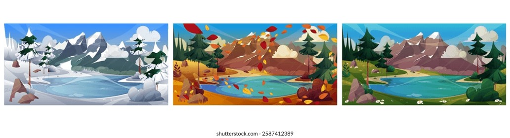 Natural picturesque landscape with lake, mountains and forest. Vector beauty, travels view of range with summits and meadows, lawns and sky with clouds. Winter, autumn and summer season