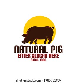 natural pig logo, silhouette of natural pig walking vector illustrations