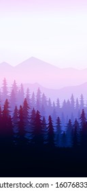 Natural Pine forest mountains horizon Landscape wallpaper Mountains lake landscape silhouette tree sky Sunrise and sunset Illustration vector style colorful view background