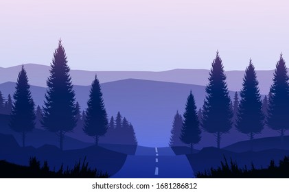 Natural pine trees forest. Mountains horizon hills and the route. Sunrise and sunset. Landscape wallpaper. Illustration vector style. Colorful view background.