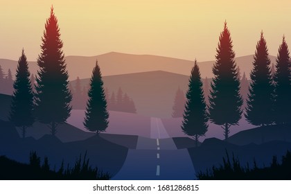 Natural pine trees forest. Mountains horizon hills and the route. Sunrise and sunset. Landscape wallpaper. Illustration vector style. Colorful view background.