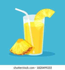 Natural pineapple juice or cocktail  in a glass. Fresh squeezed juice with cut slice and drinking straw. Healthy organic food. Citrus fruit. Vector illustration in flat trendy style on blue background