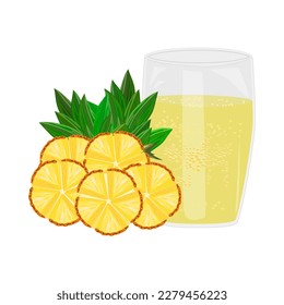 Natural pineapple juice in glass. Cut slice pineapple and fresh squeezed ananas juice or cocktail.Ananasas sap.Refreshing drink. Fruit beverage.Sweet pineapple lemonade or smoothie.Vector illustration