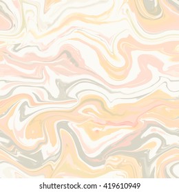 Natural pink marble imitation seamless pattern. Trendy backdrop with peach pink and grey acrylic drips on white background. Paint waves and vortexes stone texture.