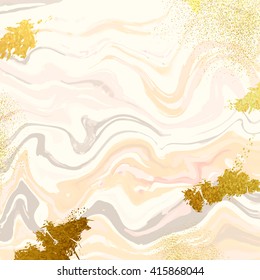 Natural pink marble imitation vector texture. Trendy backdrop with peach pink and grey acrylic drips on white background. Paint waves and vortexes stone texture with glitter gold blots and dust.