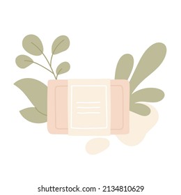 Natural pink soap bar in blank paper label package. Organic cosmetic with leaves. Eco beauty product in eco friendly packaging. Skin care routine. Vector illustration cartoon. Isolated background