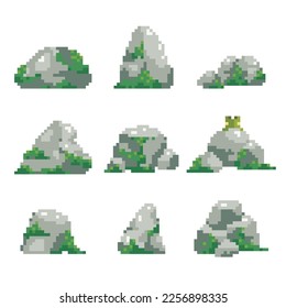 Natural pixel art rocks. Vector pixelated 8 bit stones with overgrown grass and moss. 