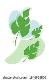 Natural plant banner, with green leaves, jungle botanical poster. Background for interior design, flat tropical poster, with abstract blue green spots, in minimalist style, with leaves and branches.
