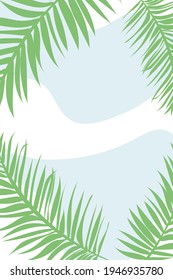Natural plant banner, with green palm leaves, botanical poster. Background for interior design, tropical poster, with abstract blue spots, in minimalist style, with palm topical leaves and branches.