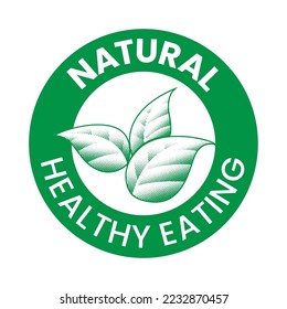 Natural Plant Based Engraved Round Icon with Green Shaded Leaves isolated on a White Background