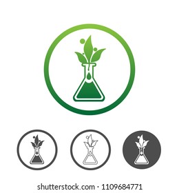 Natural plant extract icon, green leaves in a chemical vial. Contour line flat green vector icon. Different variations for website or app infographics.