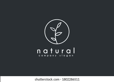 Logo de estilo lineal de hoja natural de planta. Ilustración del logotipo de la marca natural de la empresa de vectores