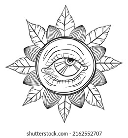 Natural plant symbol with a half open eye inside, petals and leaves in a circle. Spiritual mystical art. Vector conceptual abstract illustration. Modern design element, tattoo sketch or trendy print