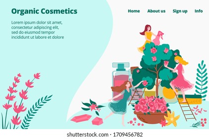 Natural plants for organic cosmetics and parfumes for girls, beauty industry webpage flat cartoon vector illustration.Bio cosmetics and natural plants extracts perfumers web landing page.