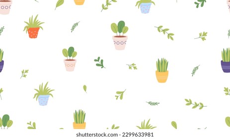 Natural plants in pots seamless pattern. Greenhouse elements, home garden and planting. Grass and greenery, gardening vector print design