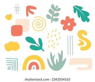 Natural plants and shapes set, hand-drawn floral decorations.Simple design elements. Cute nature trendy flowers and leaves design. Modern doodle,minimalism.Isolated. Vector illustration.