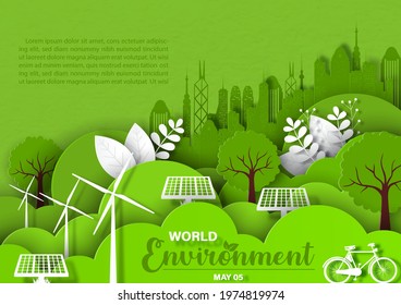 Natural plants and trees with cityscape and wind turbine in paper cut style with wording of Environment day, example texts on green paper pattern background.