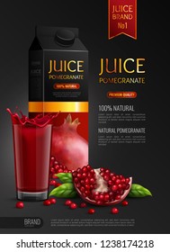Natural pomegranate juice advertising realistic composition black background poster with package seeds and full glass vector illustration