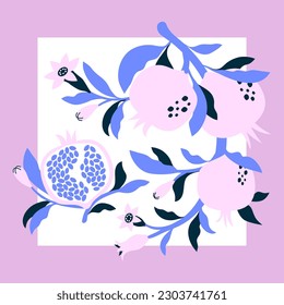 Natural pomegranate poster. Print with ripe pomegranates fruits, leaves and flowers. Flat style vector illustration. For interior design, postcards, t-shirt, print