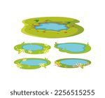 Natural pond cartoon vector isolated. Pond clipart collection with fresh water lake with stones. Nature outdoor garden pond with cartoon style illustration. Beautiful green environment set.