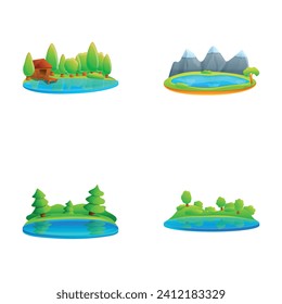 Iconos de estanque natural establecen el vector de dibujos animados. Hermoso estanque. Paisaje natural